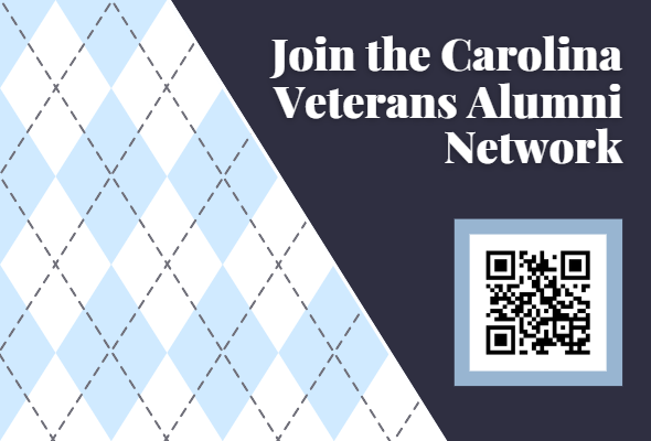 Carolina blue argyle and text that reads, 'Join the Carolina Veterans Alumni Network' with QR code.